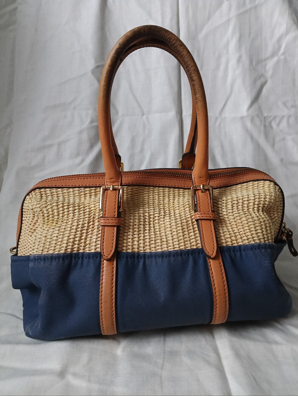 Tory Burch Navy Canvas & Natural Raffia Satchel - Picture 2 of 16